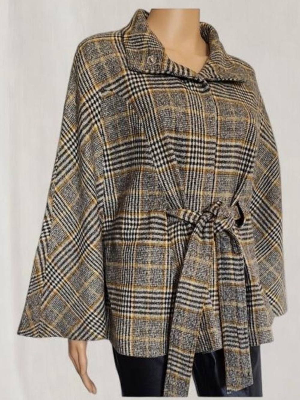 NEW YORK ANS COMPANY Chic Plaid Belted Wool-Blend Cape Jacket XS